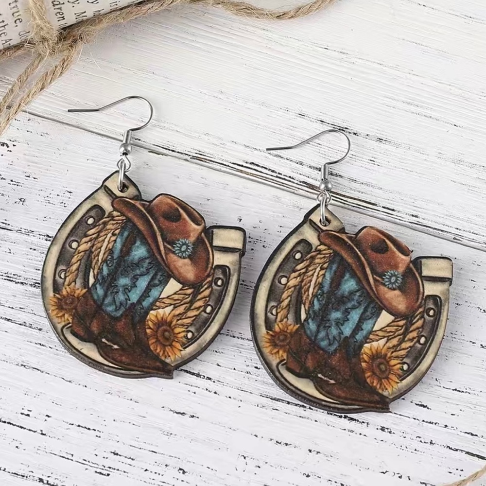 Western style wooden‎ with sunflower shape pattern drop hook earrings